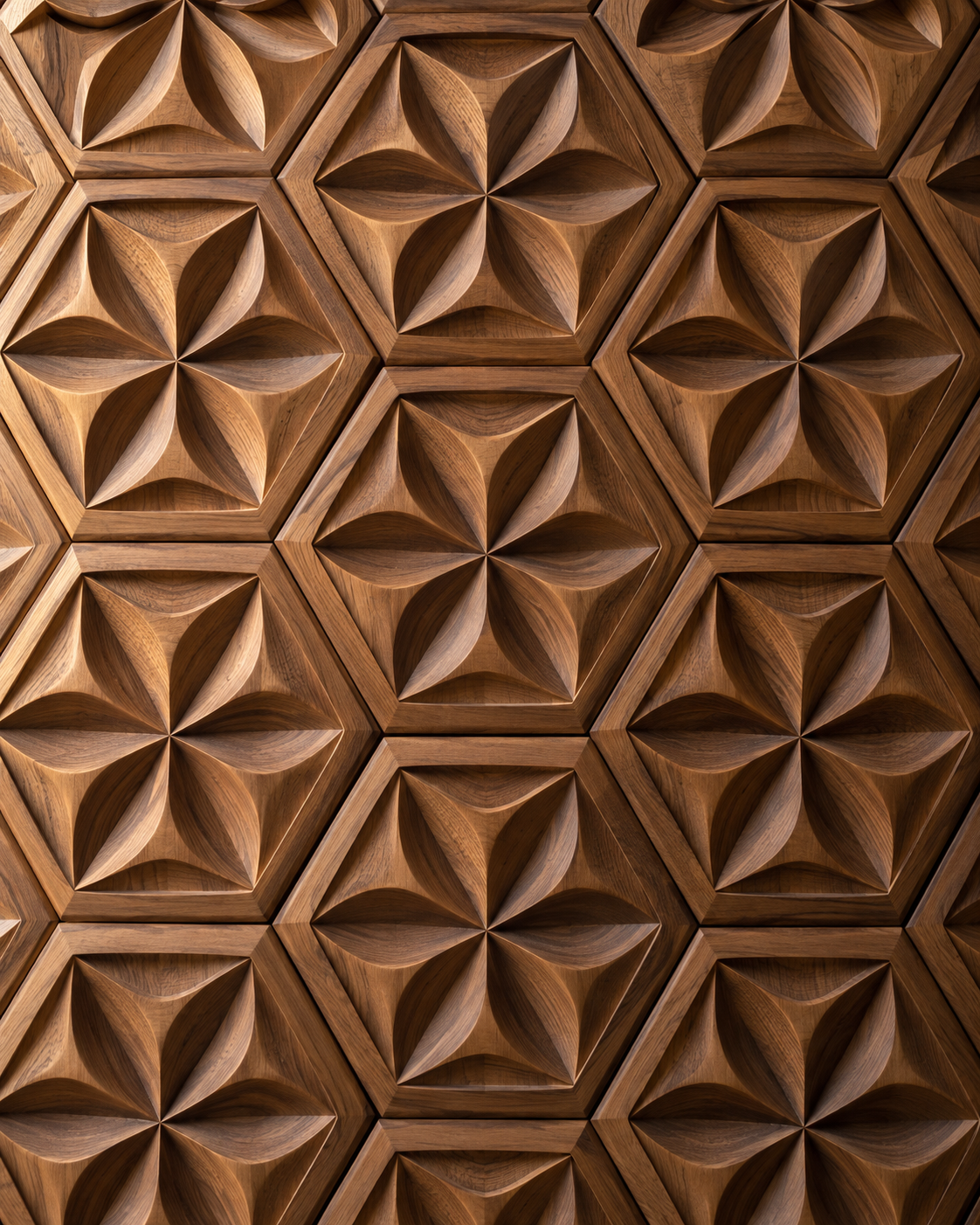 Close-up of repeating geometric rosettes carved into walnut wood